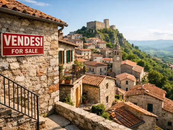 Charming hillside village with for sale sign and historic castle backdrop.