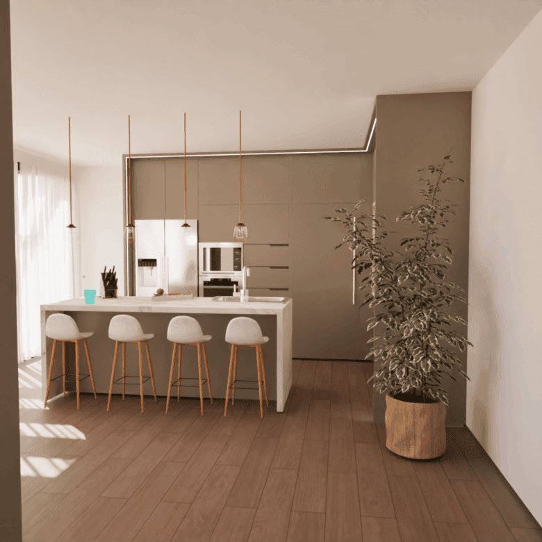 Modern kitchen with island and minimalist design in a beautiful Portuguese villa.