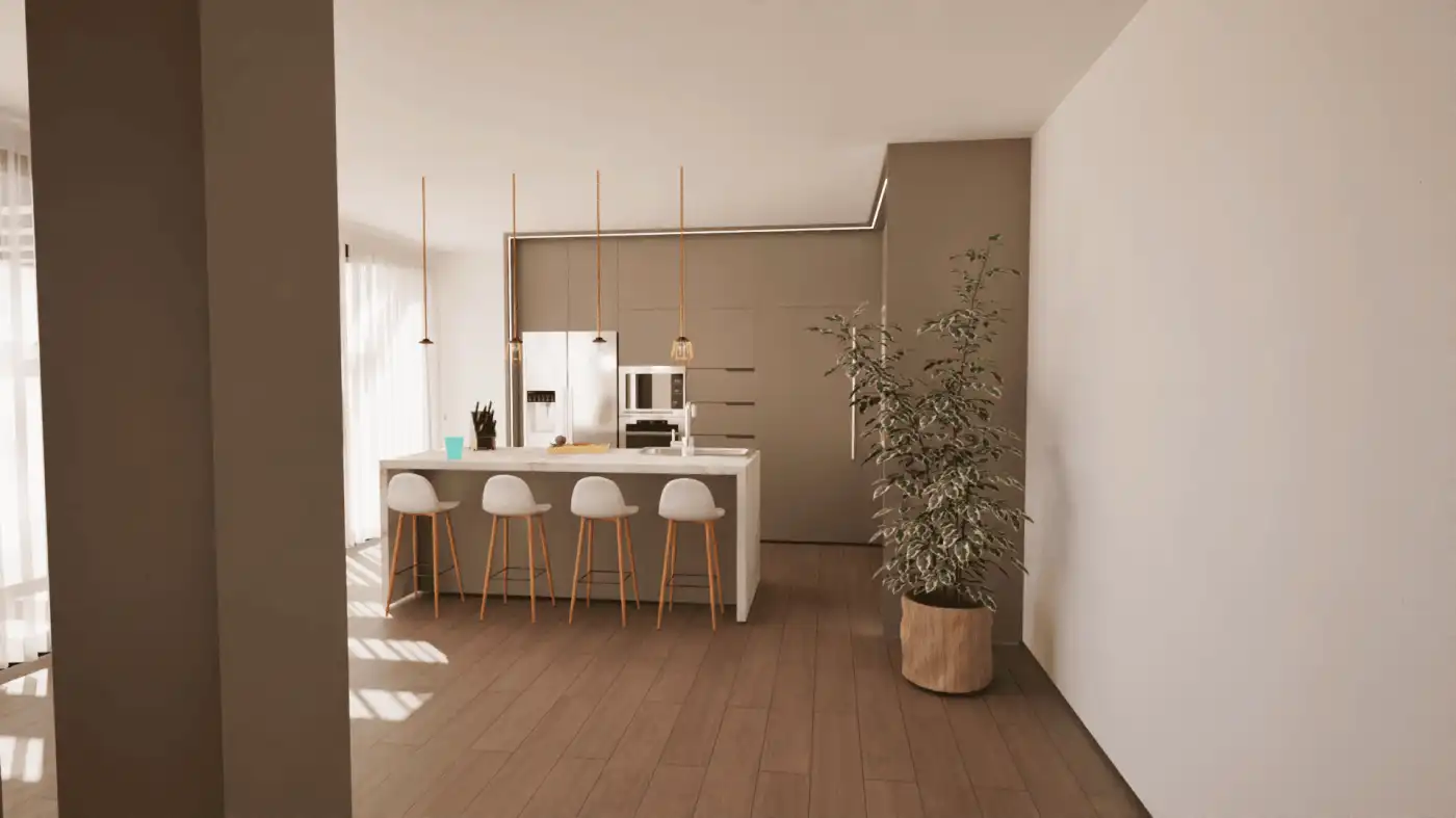 Modern kitchen with island and minimalist design in a beautiful Portuguese villa.
