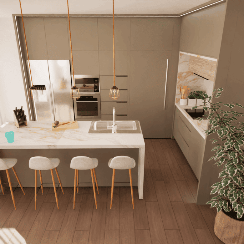 Modern kitchen with island in a stylish home in Setubal, Portugal.