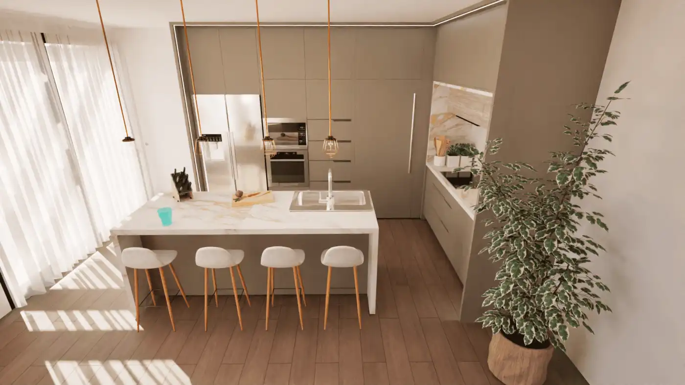 Modern kitchen with island in a stylish home in Setubal, Portugal.