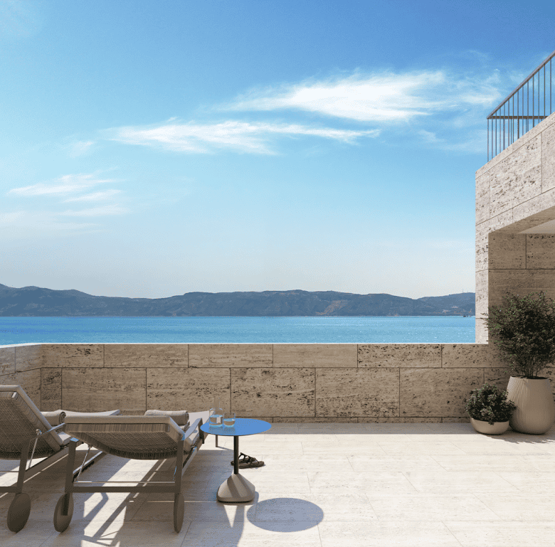 Waterfront terrace with sea view in Kissamos, Crete, Greece. Perfect for relaxing and enjoying the s.