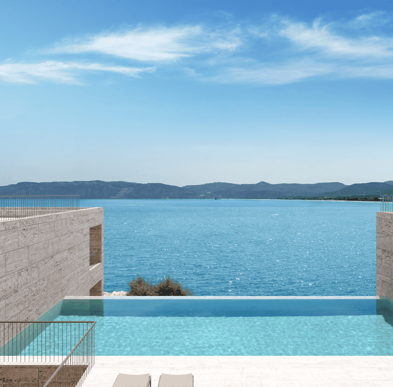 Waterfront view of the sea from a modern pool in Kissamos, Crete, Greece.