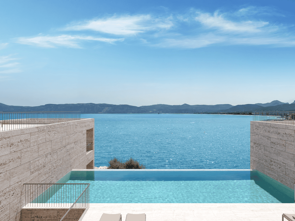 Waterfront view of the sea from a modern pool in Kissamos, Crete, Greece.