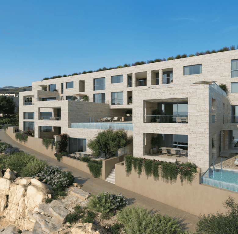 Luxury seaside property with stunning views and private pools.