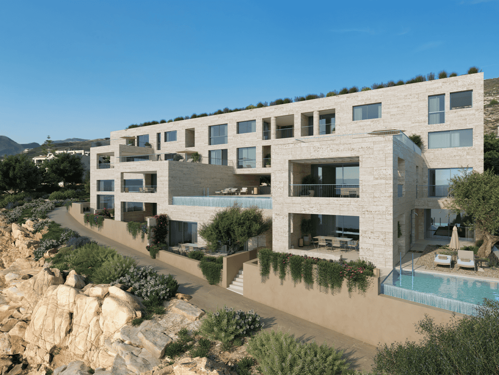 Luxury seaside property with stunning views and private pools.