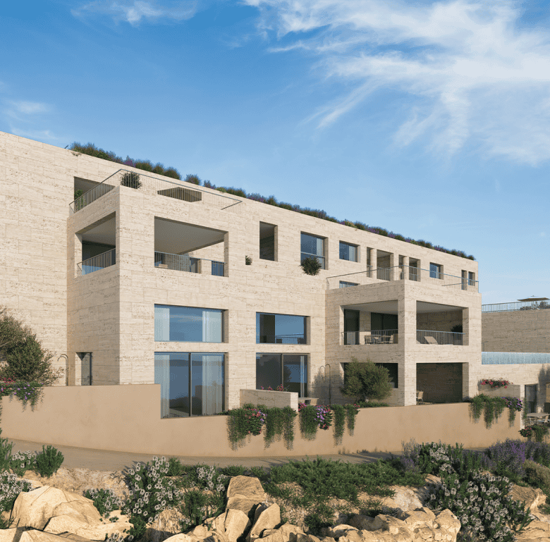 Contemporary waterfront apartment in Kissamos, Crete with spacious balconies and sea views.