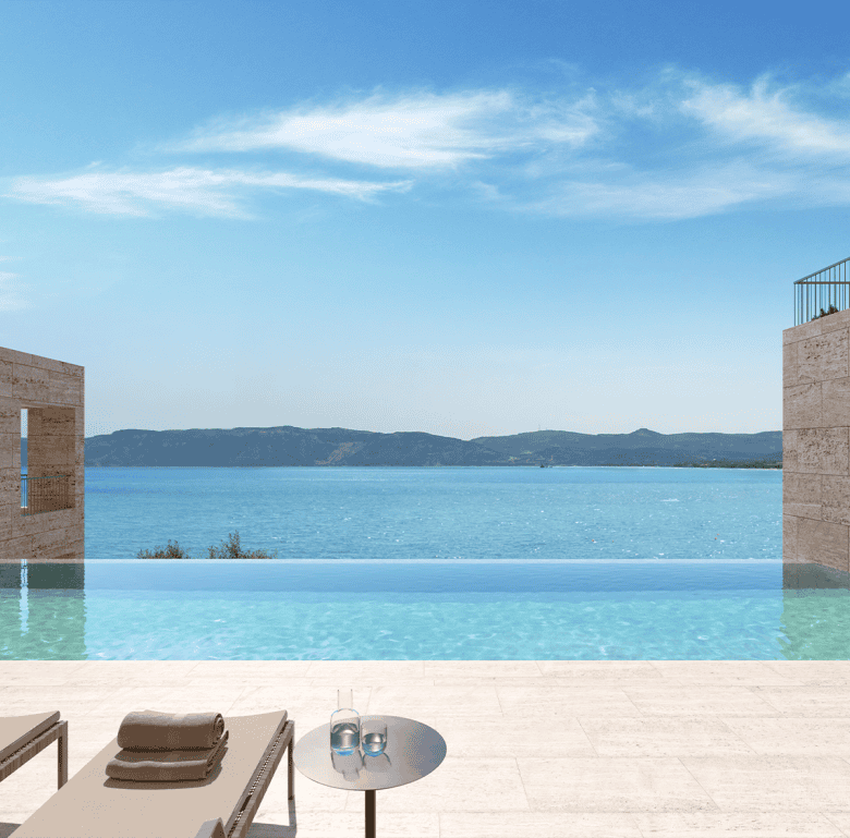Stunning waterfront view from a luxury pool in Kissamos, Crete, Greece.