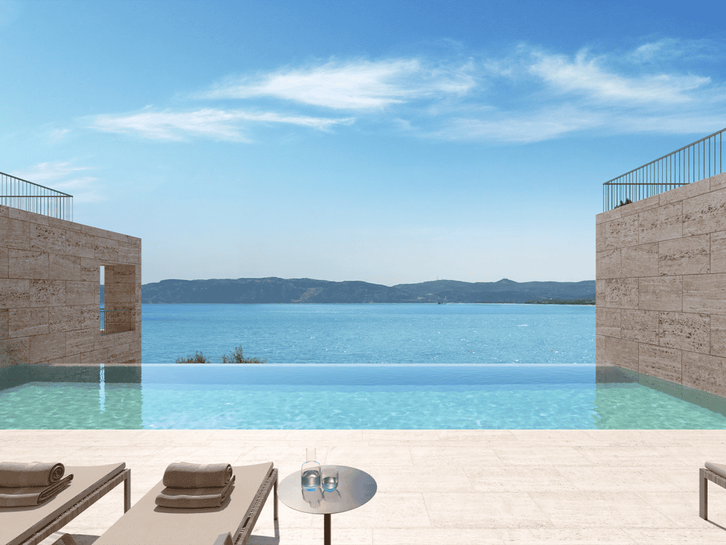 Stunning waterfront view from a luxury pool in Kissamos, Crete, Greece.