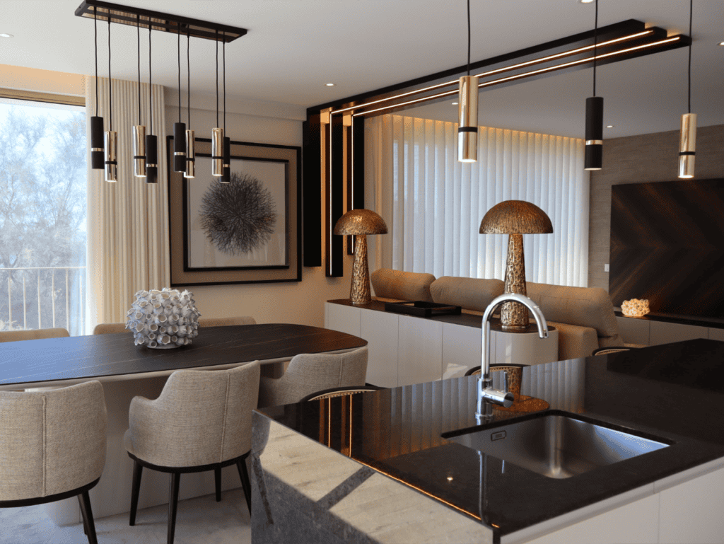 Stylish Porto apartment interior with contemporary decor and elegant lighting fixtures.