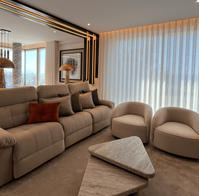 Elegant Porto apartment living room with modern furniture and large windows.