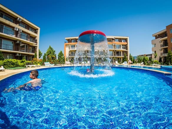 Pool with water fountain at Nessebar Fort Club, Sunny Beach.