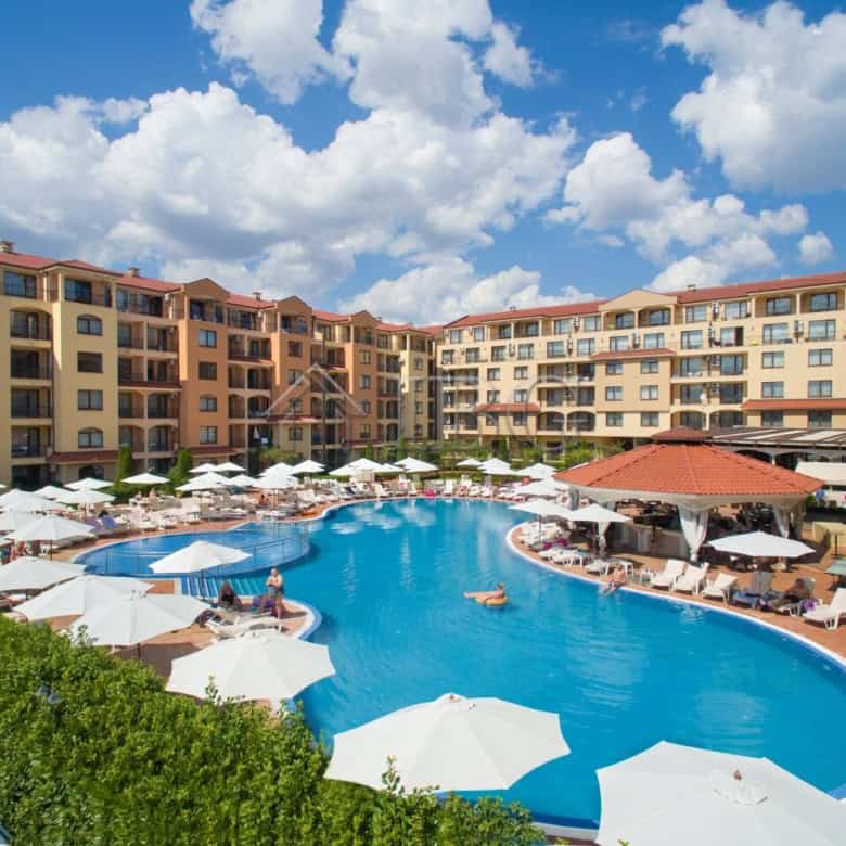 Furnished studio with balcony overlooking the pool at Diamant Residence, Sunny Beach.
