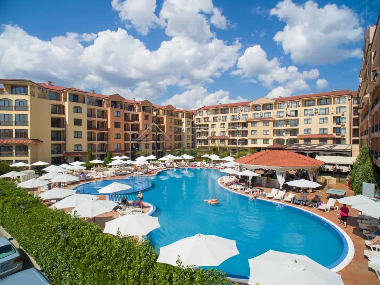 Furnished studio with balcony overlooking the pool at Diamant Residence, Sunny Beach.