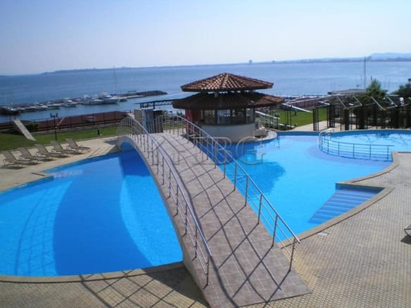 Pool area at Diamant Complex with sea view in Sveti Vlas, Bulgaria.