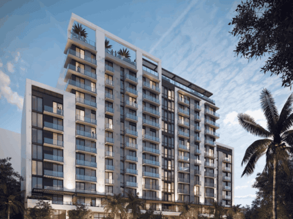 Luxury residential building in Brickell, Miami with modern design and spacious balconies.