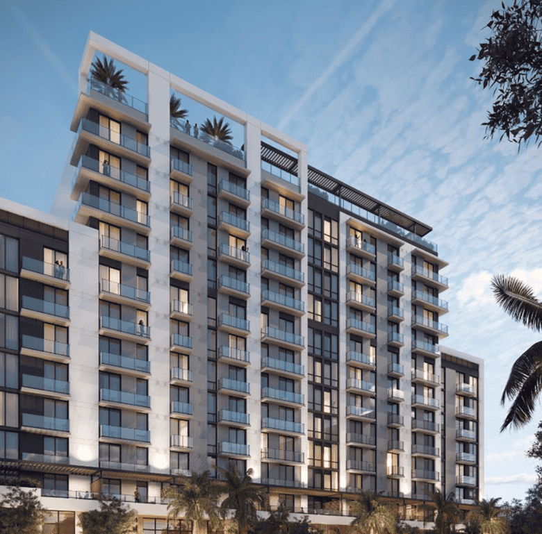 Luxury residential building in Brickell, Miami with modern design and spacious balconies.