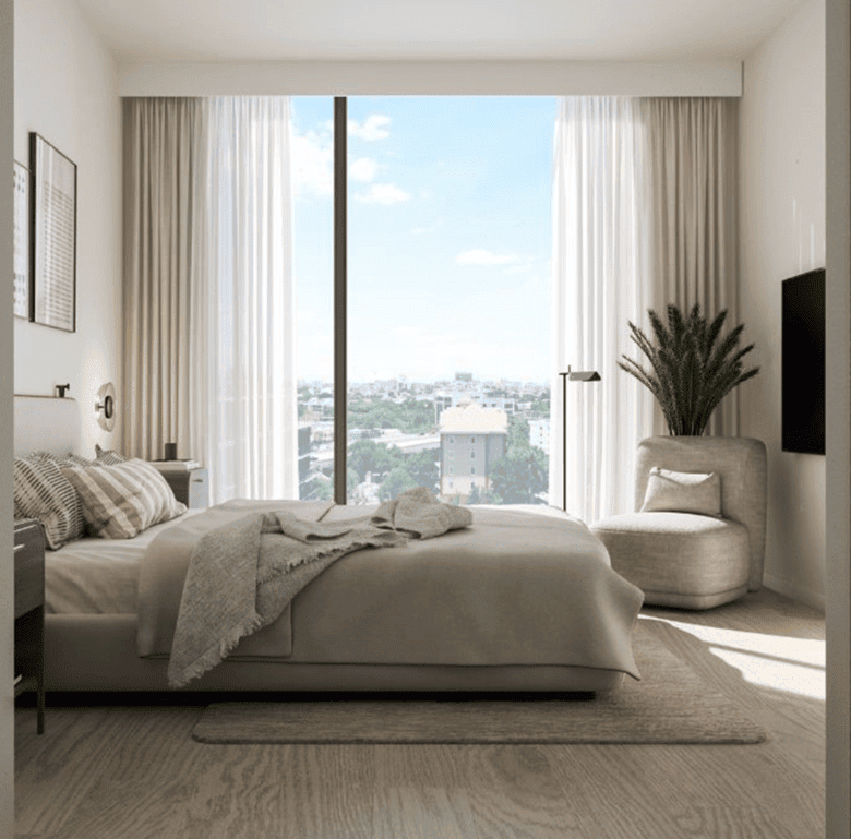 Modern bedroom with large windows overlooking Miami skyline and cityscape. Bright, stylish, and spac.