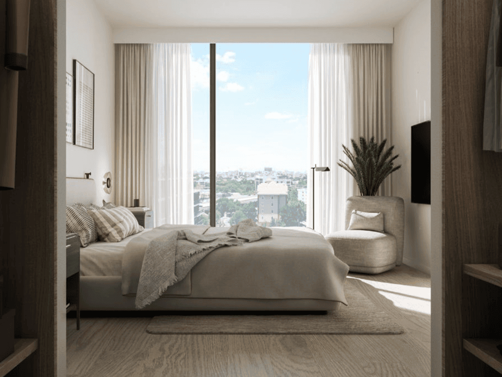 Modern bedroom with large windows overlooking Miami skyline and cityscape. Bright, stylish, and spac.