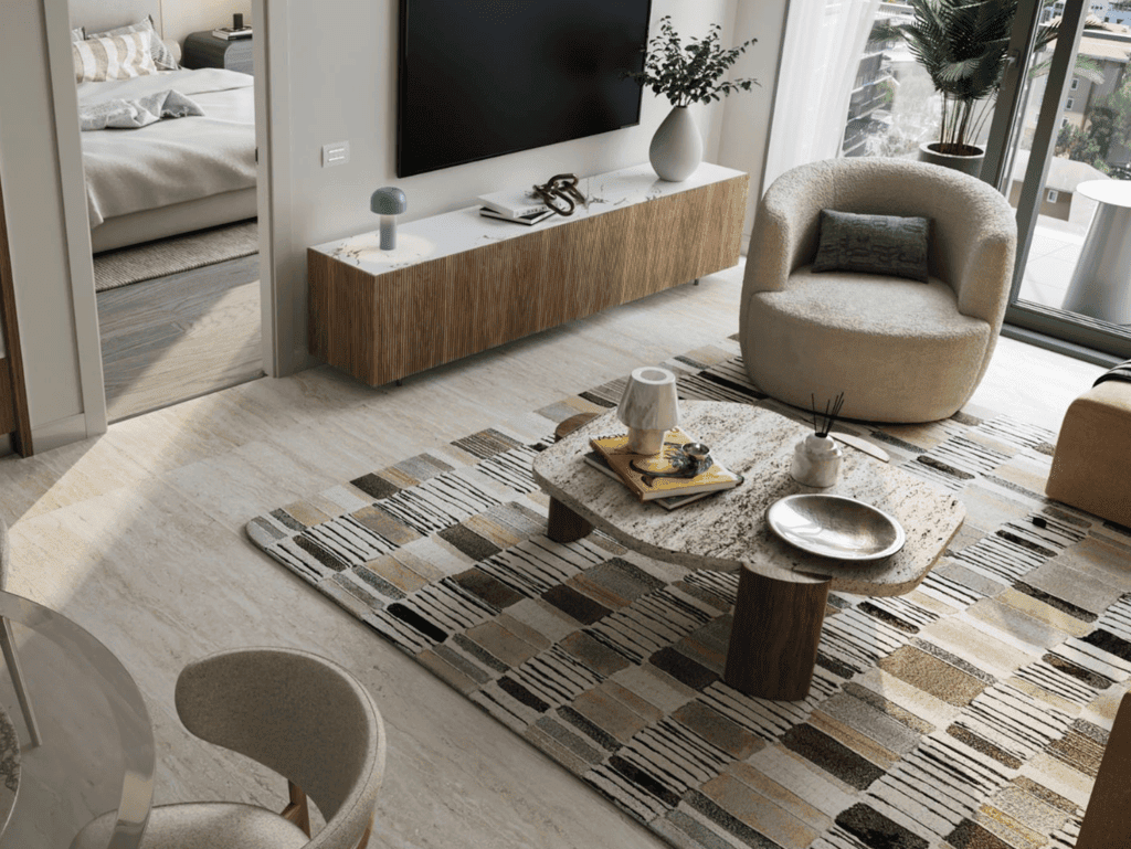 Bright, contemporary living space with cozy seating and elegant decor in Brickell, Miami.
