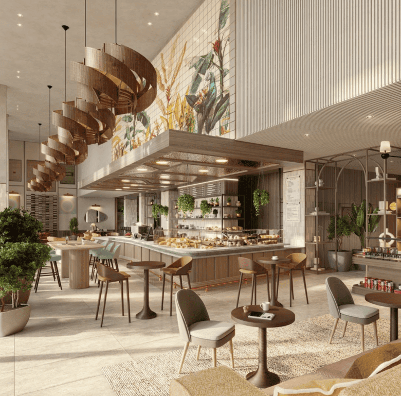Modern Miami cafe interior with stylish seating and vibrant artwork.