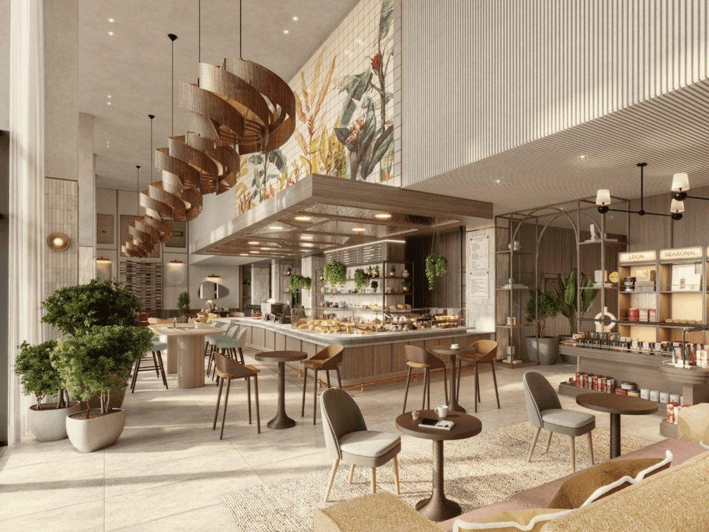 Modern Miami cafe interior with stylish seating and vibrant artwork.