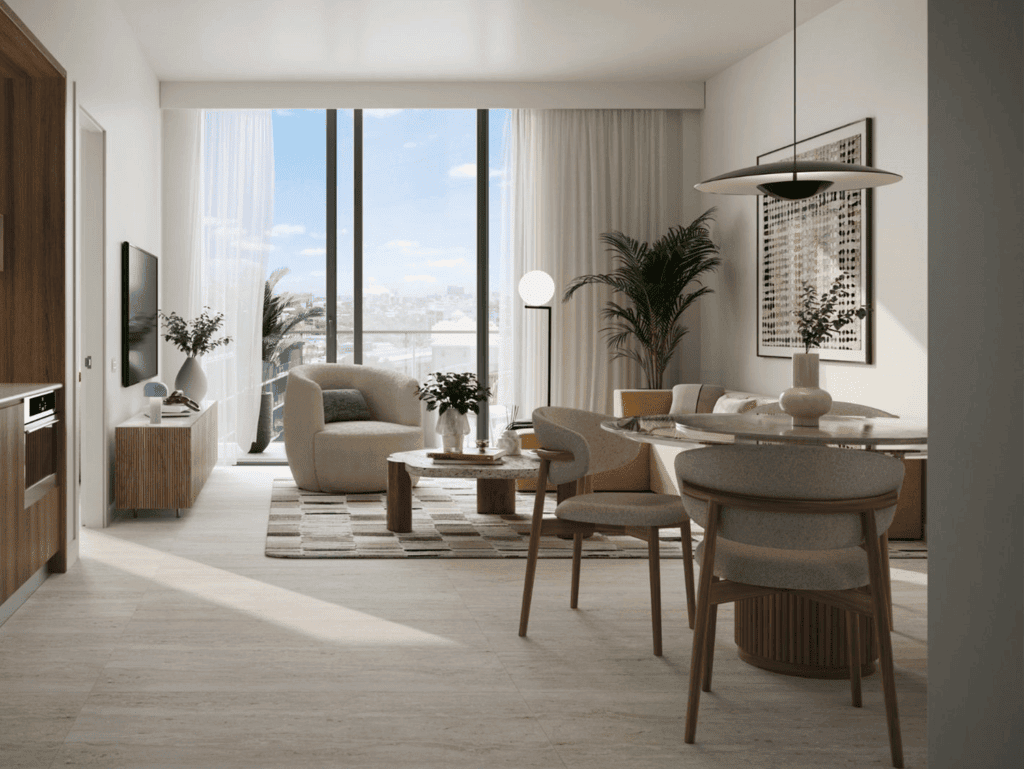 Elegant Miami apartment interior with spacious living area and city views.