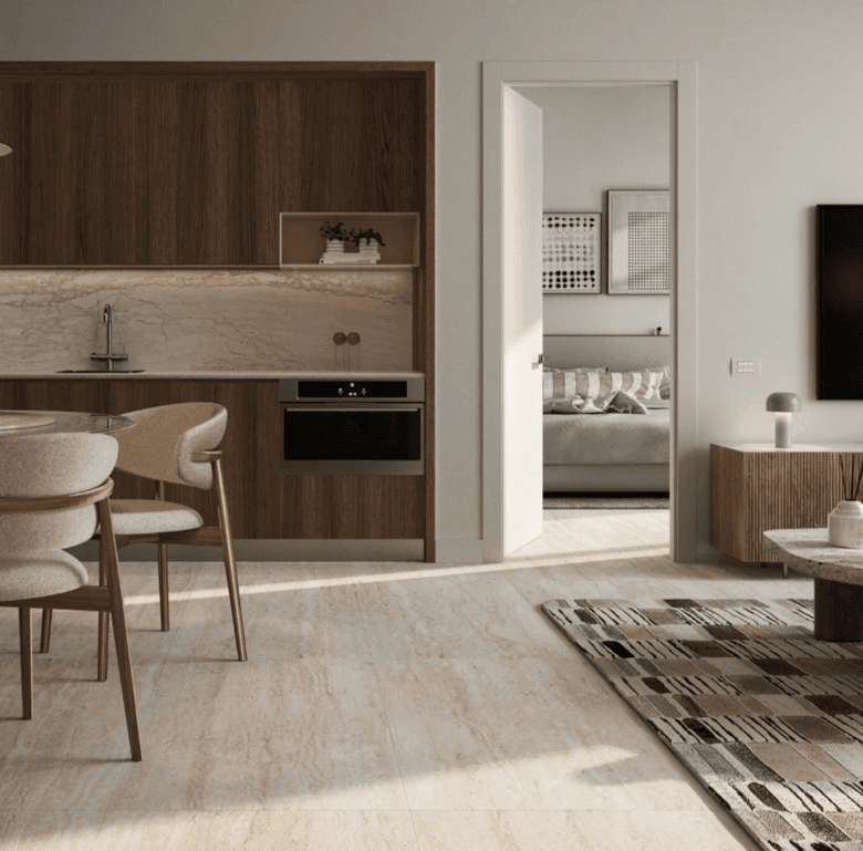Stylish Miami apartment interior featuring an open kitchen and cozy living space.