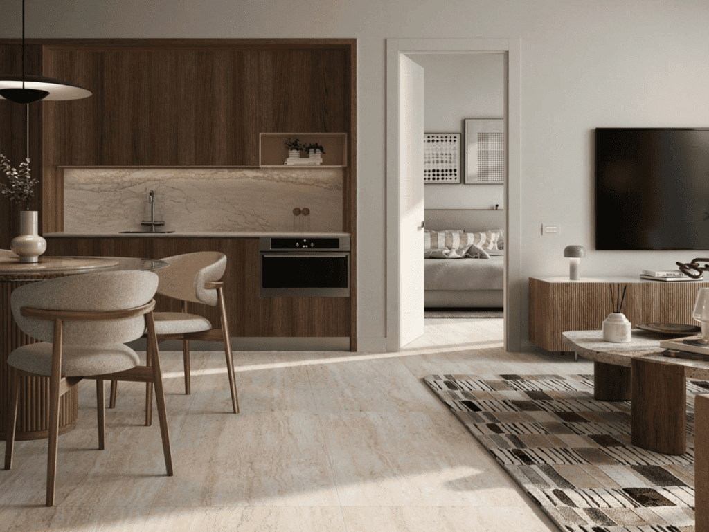 Stylish Miami apartment interior featuring an open kitchen and cozy living space.