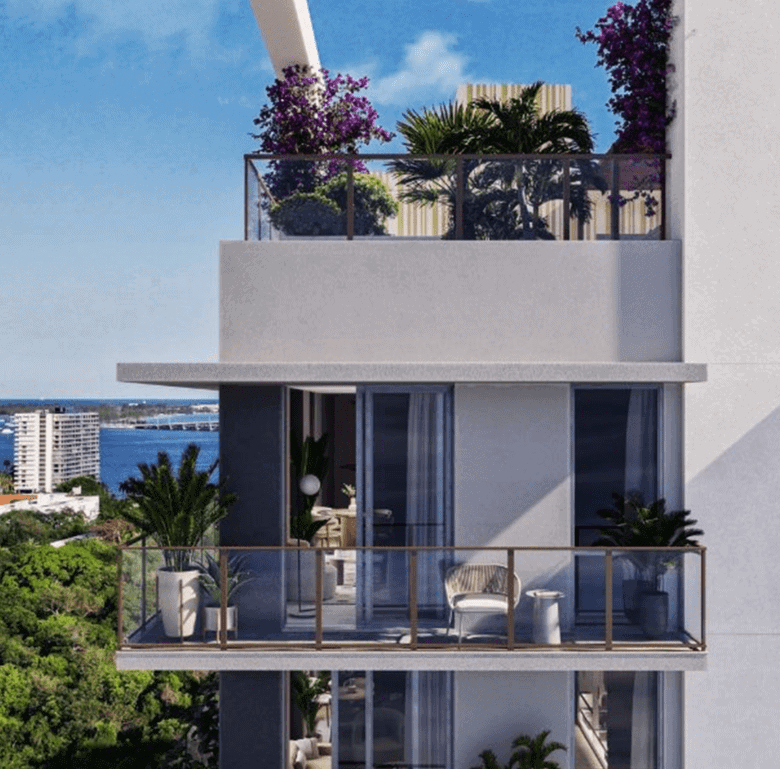 Modern Miami apartment balcony overlooking lush greenery and skyline. Perfect for relaxing and enjoy.