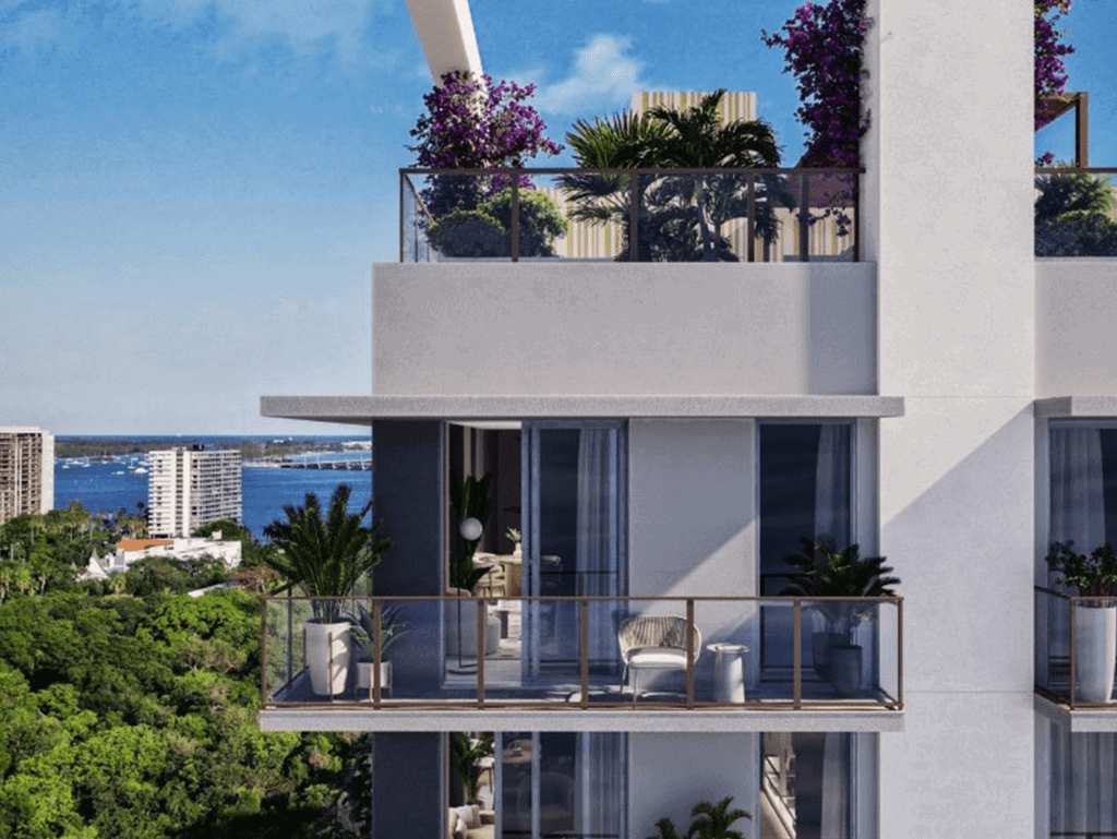 Modern Miami apartment balcony overlooking lush greenery and skyline. Perfect for relaxing and enjoy.