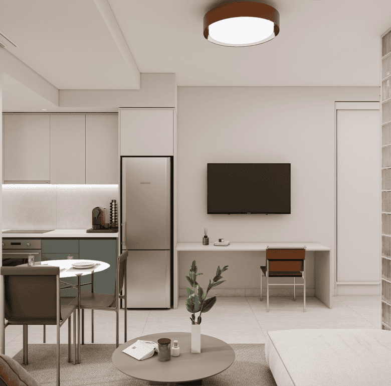Stylish Athens apartment interior with modern decor and functional furniture.