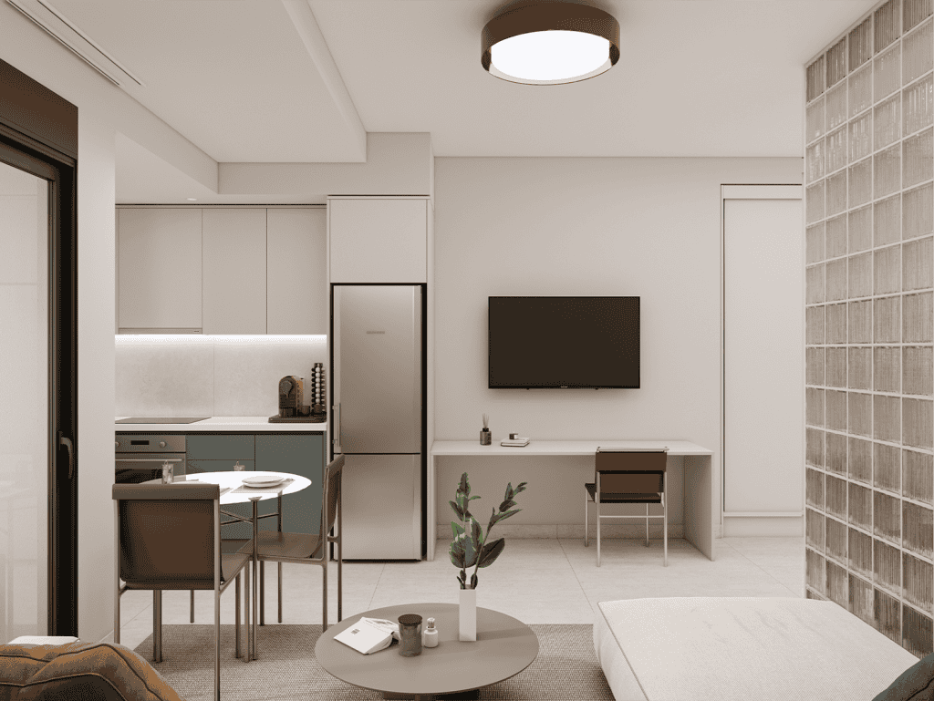 Stylish Athens apartment interior with modern decor and functional furniture.
