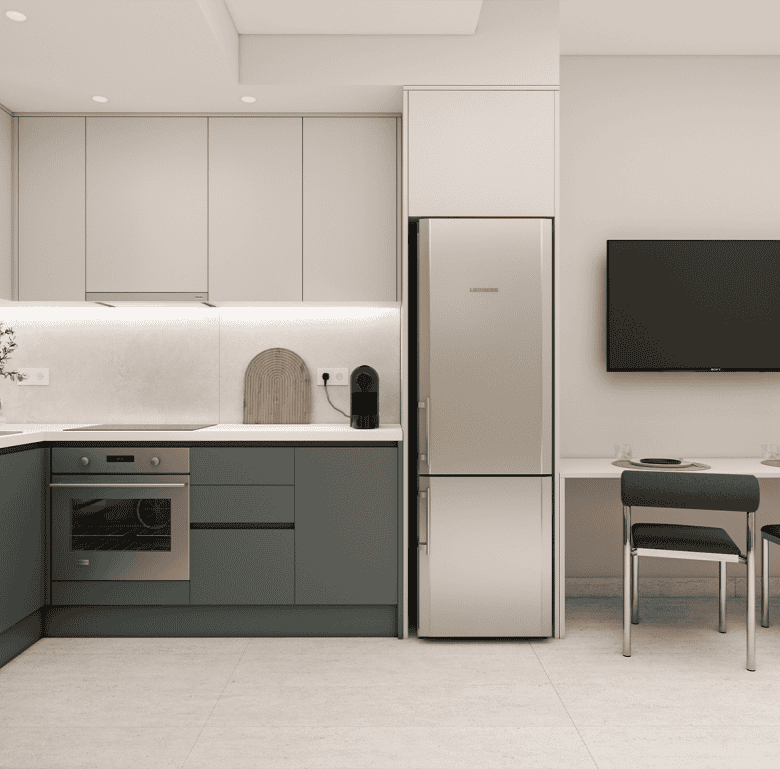 Modern Athens kitchen with minimalist style, featuring sleek cabinetry and contemporary appliances.