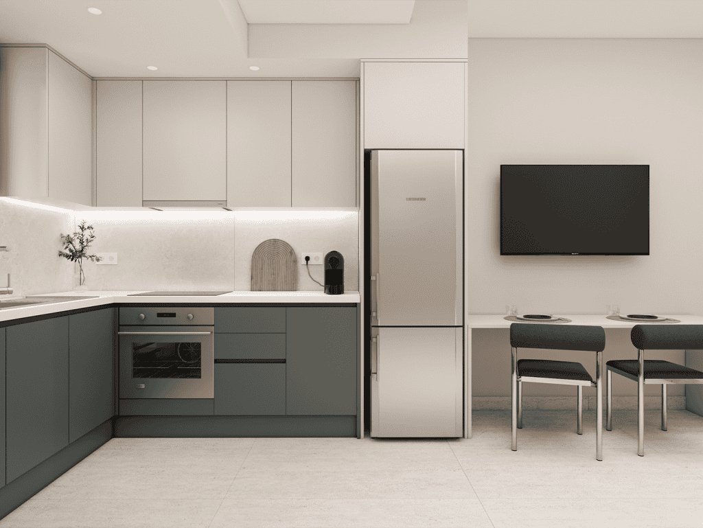 Modern Athens kitchen with minimalist style, featuring sleek cabinetry and contemporary appliances.