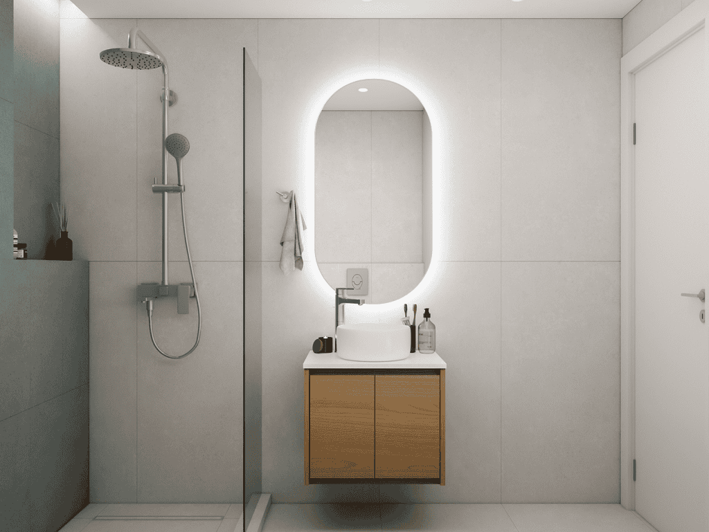Contemporary bathroom in Athens with sleek shower and stylish vanity.