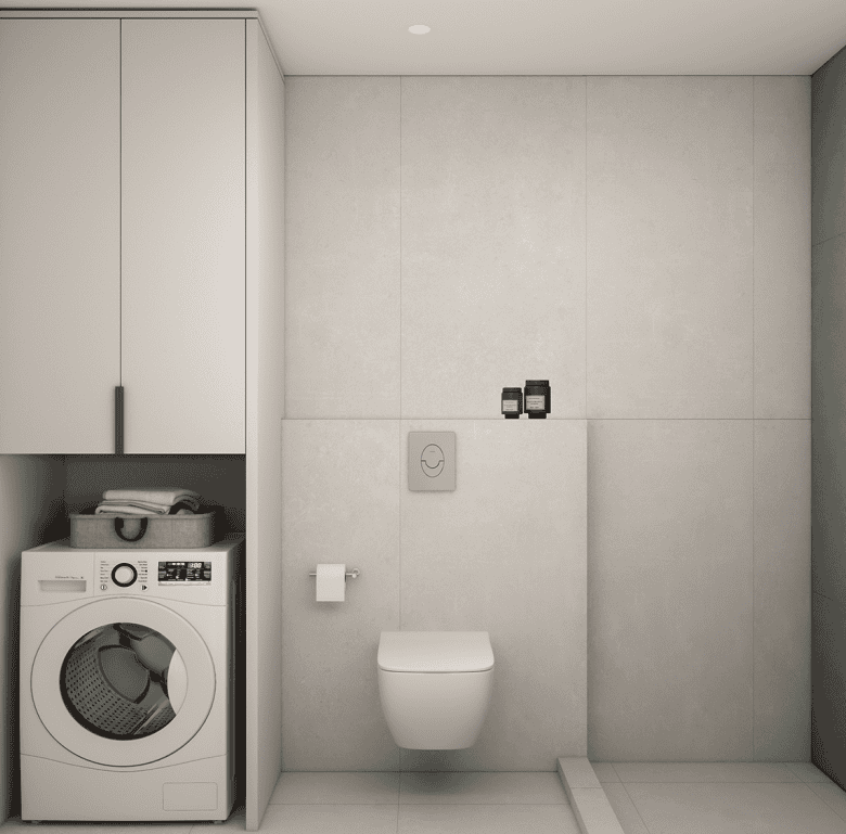 Bathroom with washing machine, toilet, and storage in a contemporary style.