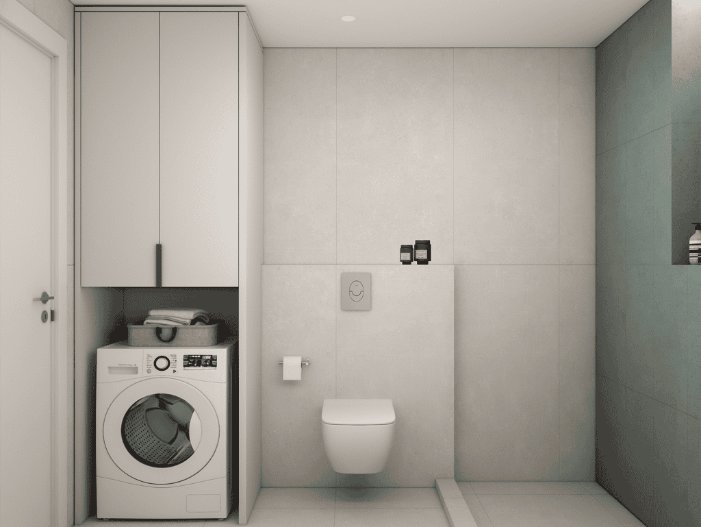 Bathroom with washing machine, toilet, and storage in a contemporary style.