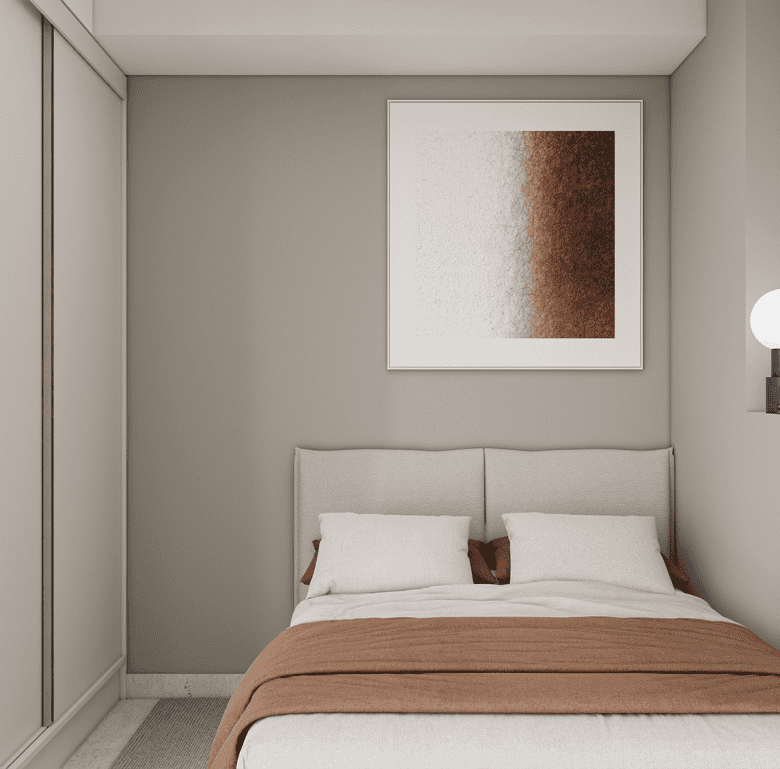 Cozy bedroom at Eos Living in Athens, Greece, featuring a simple design with a comfortable bed and m.