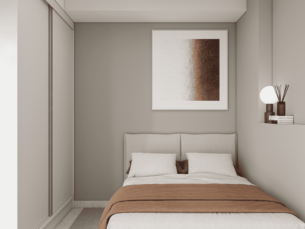Cozy bedroom at Eos Living in Athens, Greece, featuring a simple design with a comfortable bed and m.