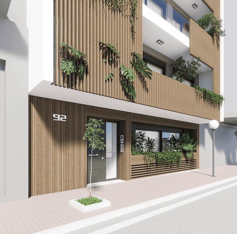 Modern Athens apartment building with wooden accents and lush plants on balconies.