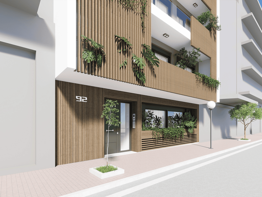 Modern Athens apartment building with wooden accents and lush plants on balconies.