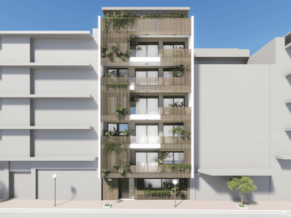 Athens Greece apartment with balconies and lush plants.