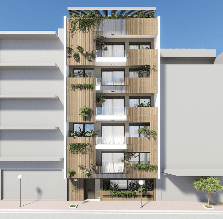 Athens Greece apartment with balconies and lush plants.