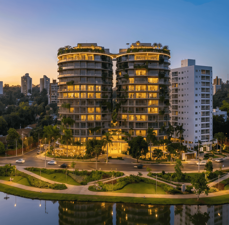Modern residential towers in Ciudad del Este with scenic lake views and lush greenery.