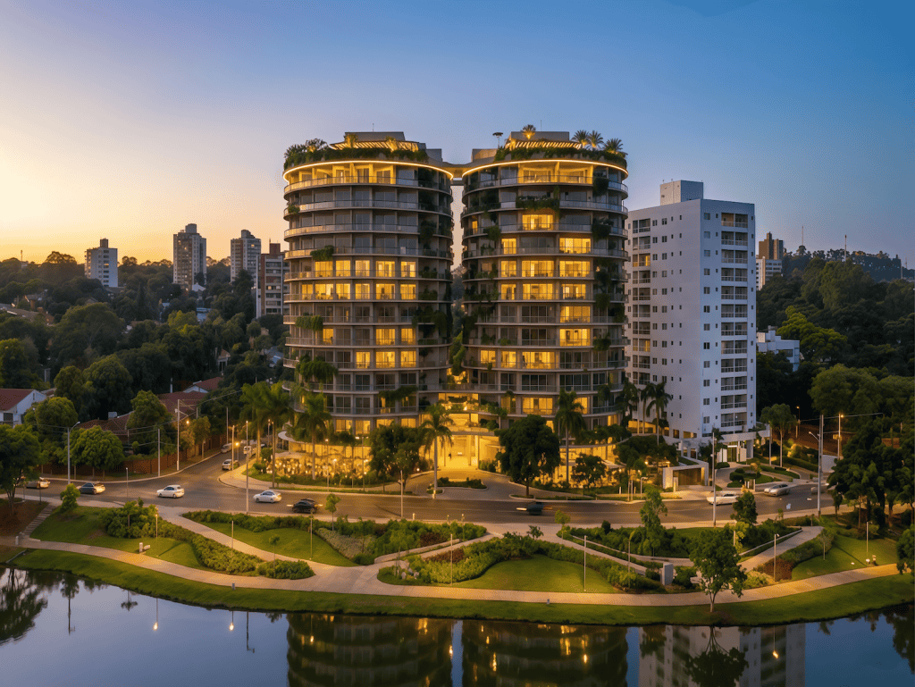 Modern residential towers in Ciudad del Este with scenic lake views and lush greenery.