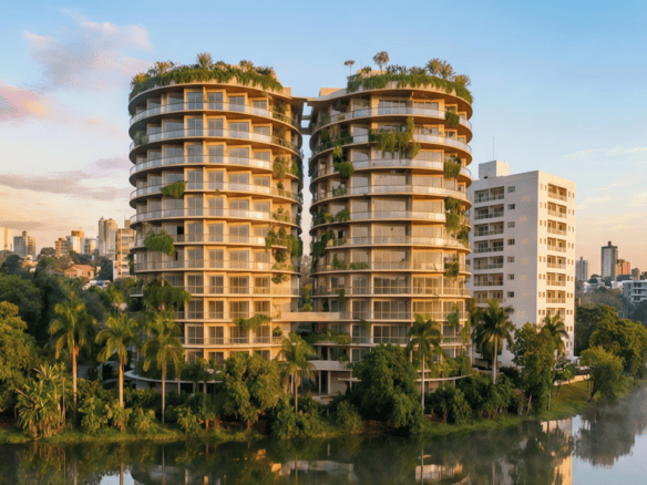 Modern residential towers in Ciudad del Este with lush greenery and river views.