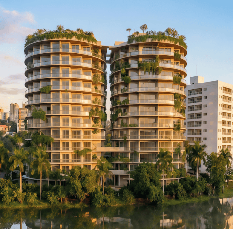 Modern residential towers in Ciudad del Este with lush greenery and river views.