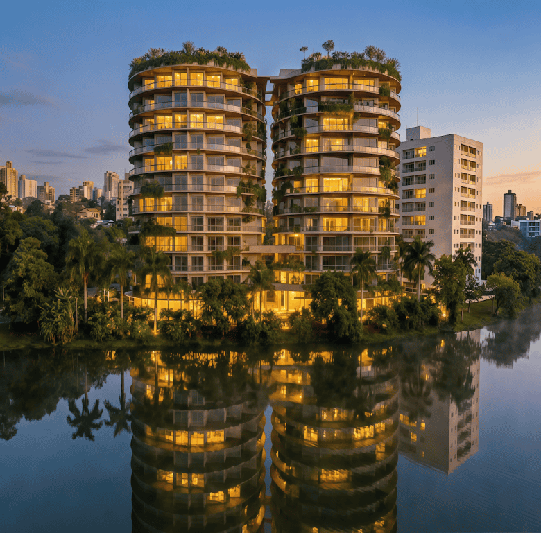 Modern lakeside residential towers in Ciudad del Este, Paraguay, with lush greenery and city skyline.
