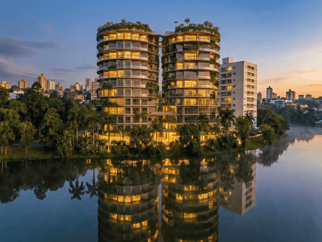 Modern lakeside residential towers in Ciudad del Este, Paraguay, with lush greenery and city skyline.